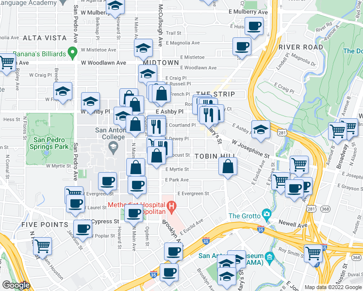 map of restaurants, bars, coffee shops, grocery stores, and more near 520 Paschal Street in San Antonio