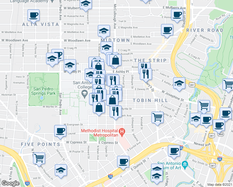 map of restaurants, bars, coffee shops, grocery stores, and more near 1814 McCullough Avenue in San Antonio