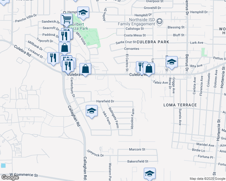 map of restaurants, bars, coffee shops, grocery stores, and more near 5518 Culebra Road in San Antonio