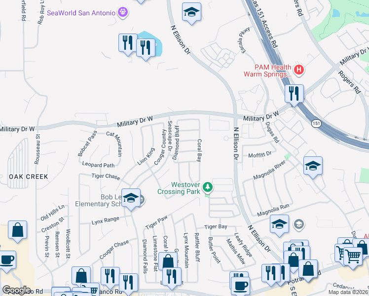 map of restaurants, bars, coffee shops, grocery stores, and more near 10319 Tiger Hunt in San Antonio