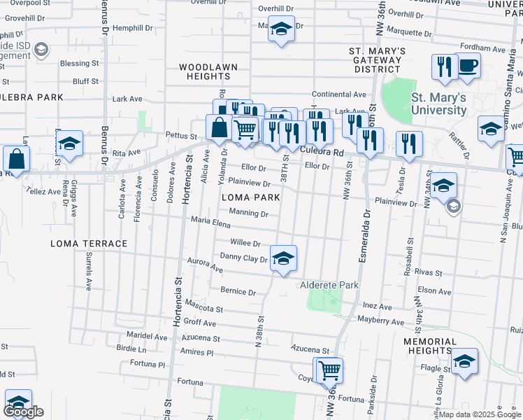 map of restaurants, bars, coffee shops, grocery stores, and more near 123 Manning Drive in San Antonio