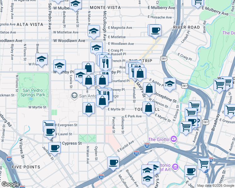 map of restaurants, bars, coffee shops, grocery stores, and more near 520 Paschal Street in San Antonio