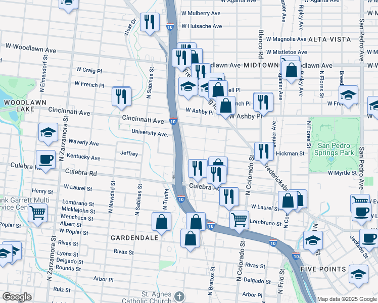 map of restaurants, bars, coffee shops, grocery stores, and more near 230 Yale Avenue in San Antonio