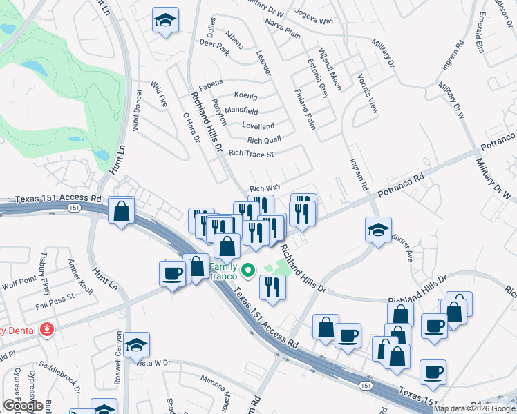 map of restaurants, bars, coffee shops, grocery stores, and more near 1110 Richland Hills Drive in San Antonio