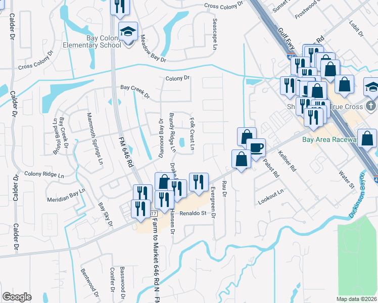 map of restaurants, bars, coffee shops, grocery stores, and more near 282 Brandy Ridge Lane in Dickinson