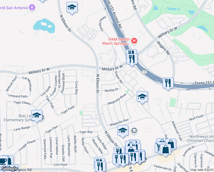 map of restaurants, bars, coffee shops, grocery stores, and more near 9930 Collenback Run in San Antonio