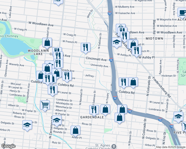 map of restaurants, bars, coffee shops, grocery stores, and more near 109 Jeffrey in San Antonio