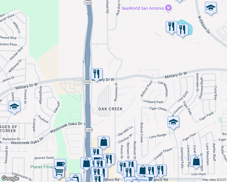 map of restaurants, bars, coffee shops, grocery stores, and more near 11643 Rousseau Street in San Antonio