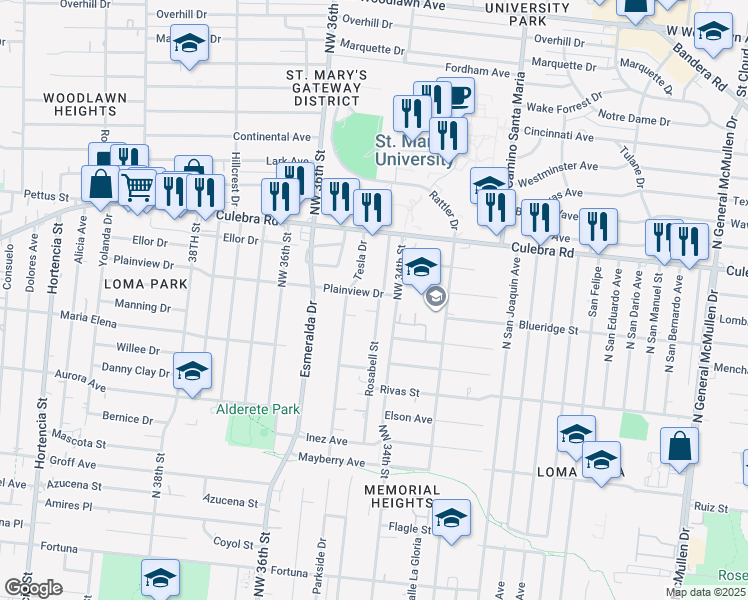 map of restaurants, bars, coffee shops, grocery stores, and more near 275 Rosabell Street in San Antonio