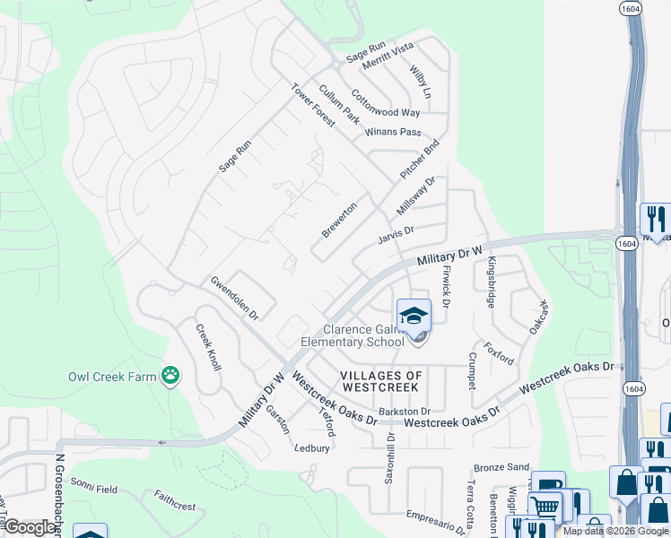 map of restaurants, bars, coffee shops, grocery stores, and more near 1818 Caversham Pass Lane in San Antonio