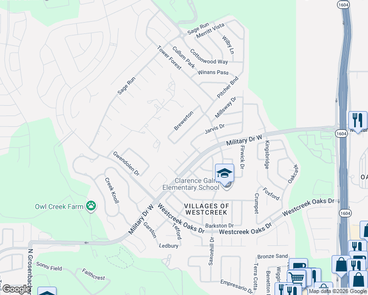 map of restaurants, bars, coffee shops, grocery stores, and more near 1818 Caversham Pass Lane in San Antonio
