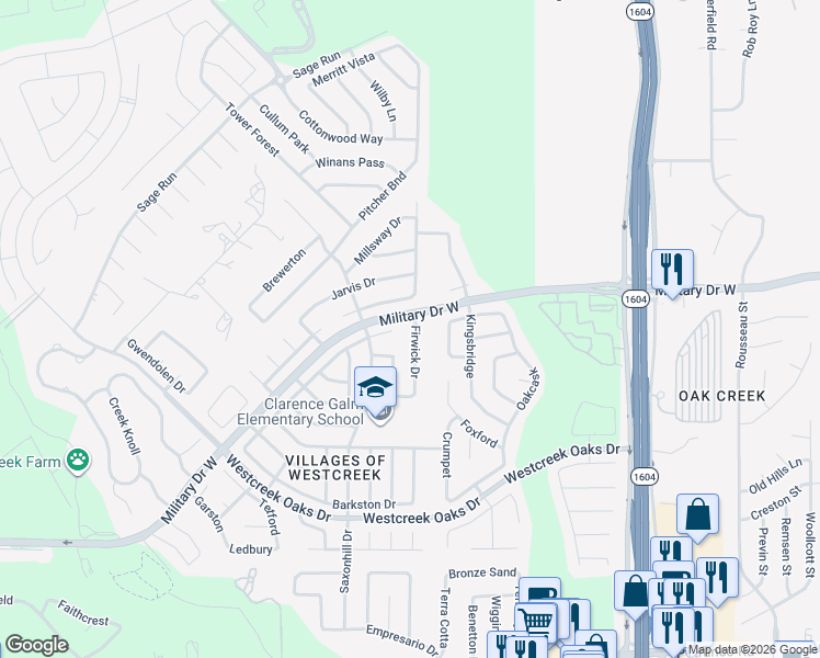 map of restaurants, bars, coffee shops, grocery stores, and more near 11702 Adriana Maria in San Antonio