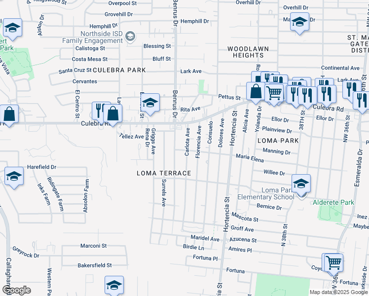 map of restaurants, bars, coffee shops, grocery stores, and more near 303 Carlota Avenue in San Antonio