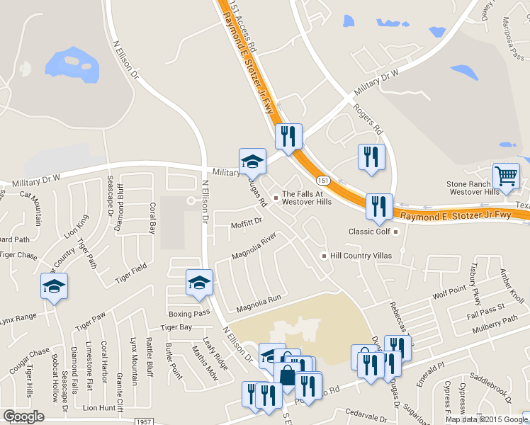 map of restaurants, bars, coffee shops, grocery stores, and more near 9814 Moffitt Drive in San Antonio