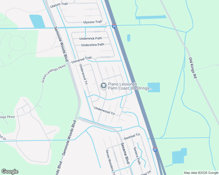 map of restaurants, bars, coffee shops, grocery stores, and more near 66 Universal Trail in Palm Coast
