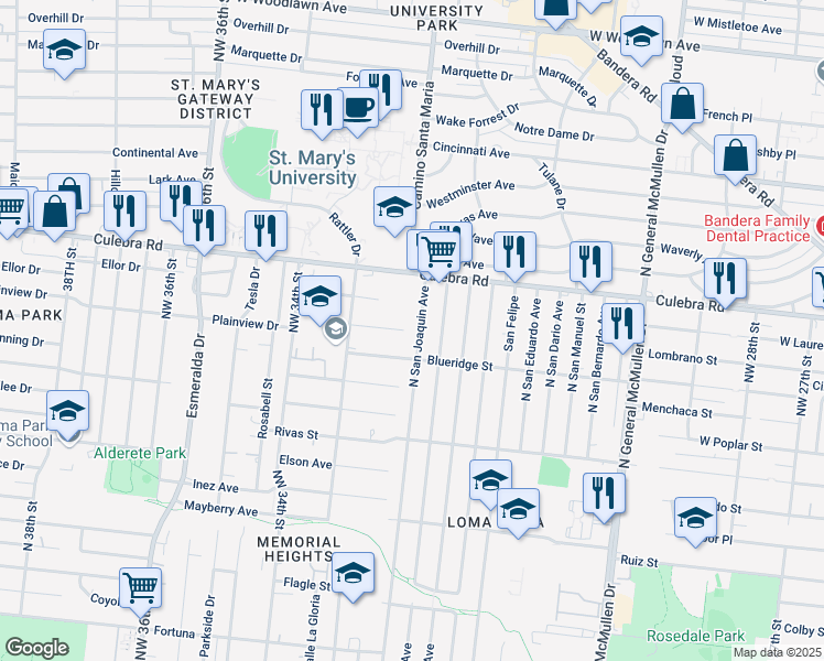 map of restaurants, bars, coffee shops, grocery stores, and more near 627 North San Joaquin Avenue in San Antonio