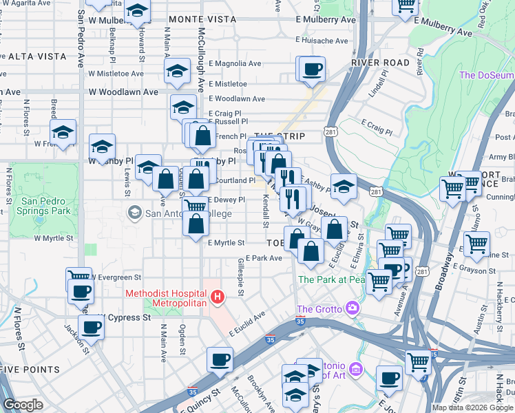 map of restaurants, bars, coffee shops, grocery stores, and more near 512 East Dewey Place in San Antonio