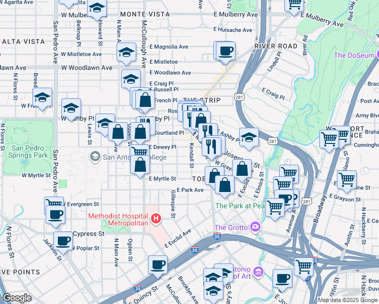 map of restaurants, bars, coffee shops, grocery stores, and more near 526 E Dewey Pl in San Antonio