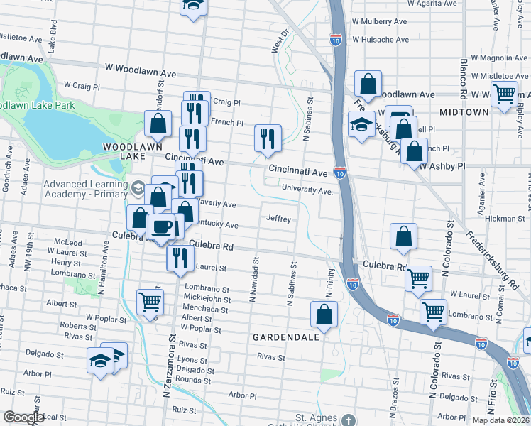 map of restaurants, bars, coffee shops, grocery stores, and more near 145 Jeffrey in San Antonio