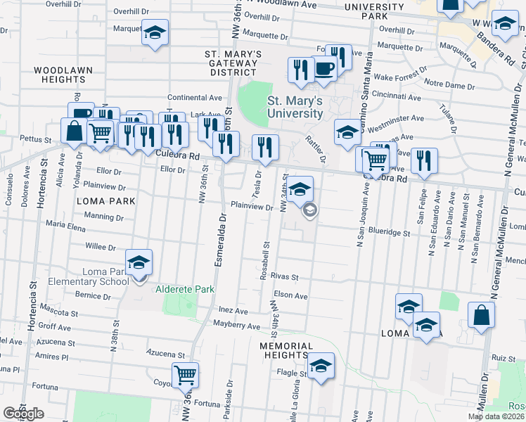 map of restaurants, bars, coffee shops, grocery stores, and more near 110 Plainview Drive in San Antonio