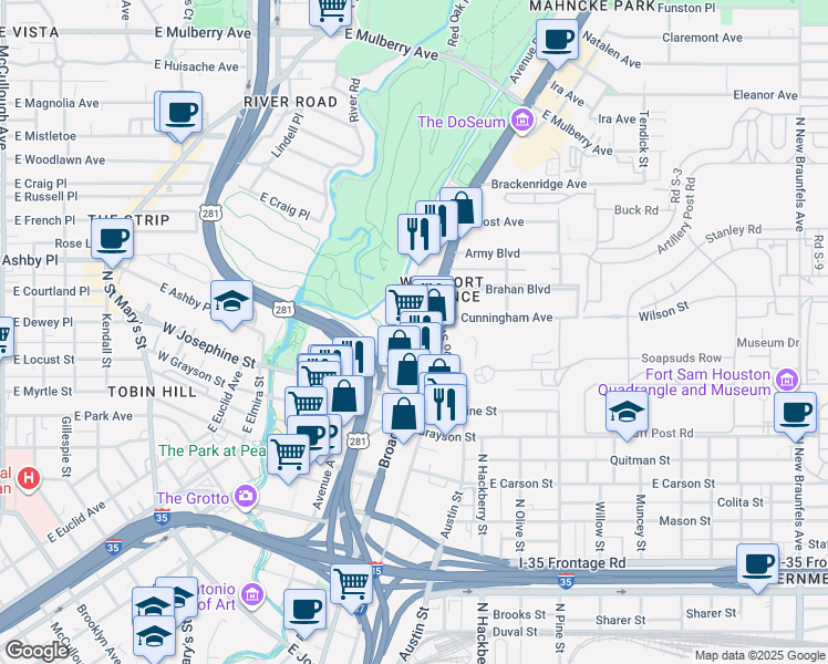 map of restaurants, bars, coffee shops, grocery stores, and more near 2201 Broadway in San Antonio
