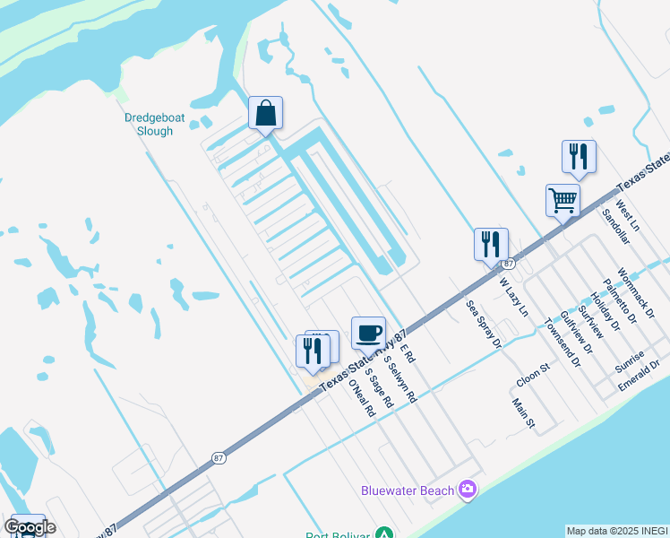 map of restaurants, bars, coffee shops, grocery stores, and more near 1122 Mayes Road in Bolivar Peninsula