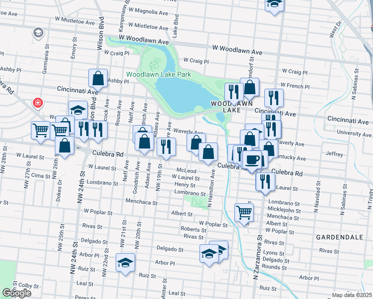 map of restaurants, bars, coffee shops, grocery stores, and more near 1210 Kentucky Avenue in San Antonio