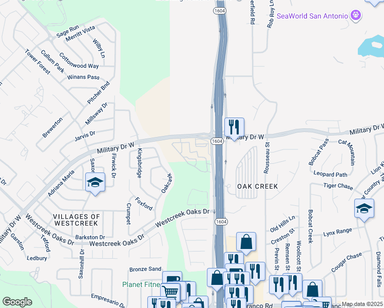 map of restaurants, bars, coffee shops, grocery stores, and more near 1297 West Loop 1604 North in San Antonio