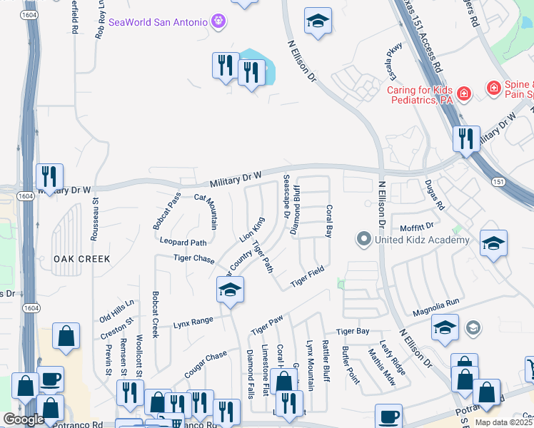 map of restaurants, bars, coffee shops, grocery stores, and more near 1238 Lion King in San Antonio