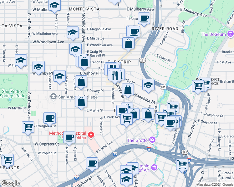map of restaurants, bars, coffee shops, grocery stores, and more near 613 East Locust Street in San Antonio