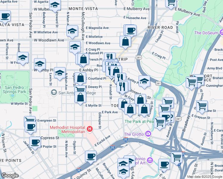 map of restaurants, bars, coffee shops, grocery stores, and more near 613 East Locust Street in San Antonio