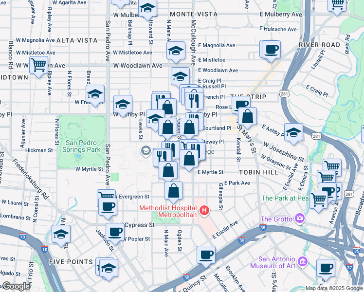 map of restaurants, bars, coffee shops, grocery stores, and more near 816 Ogden Street in San Antonio