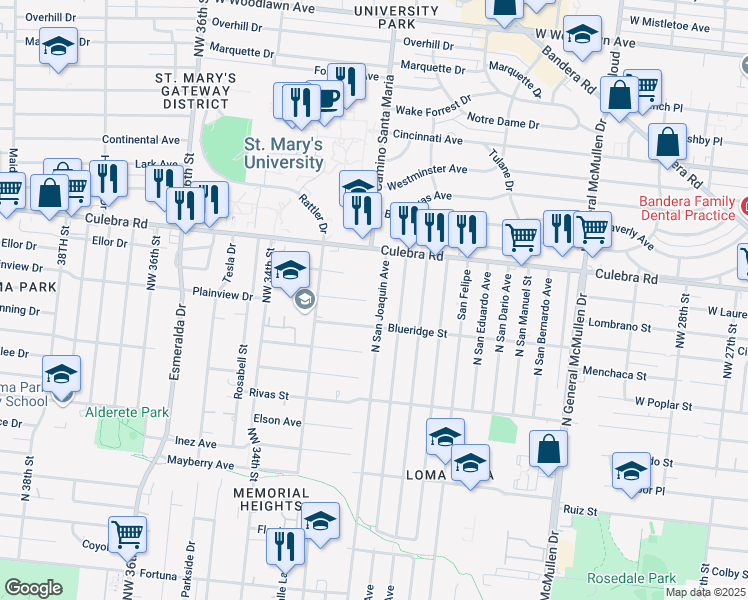 map of restaurants, bars, coffee shops, grocery stores, and more near 627 North San Joaquin Avenue in San Antonio