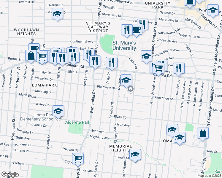 map of restaurants, bars, coffee shops, grocery stores, and more near 275 Rosabell Street in San Antonio