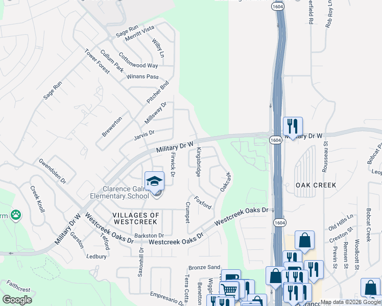 map of restaurants, bars, coffee shops, grocery stores, and more near 11631 Milestone in San Antonio