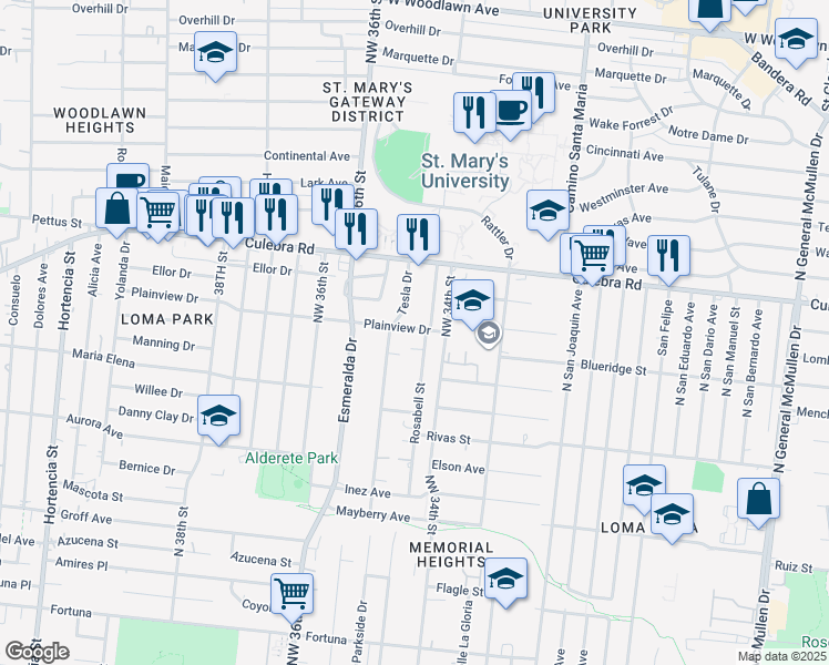 map of restaurants, bars, coffee shops, grocery stores, and more near 275 Rosabell Street in San Antonio