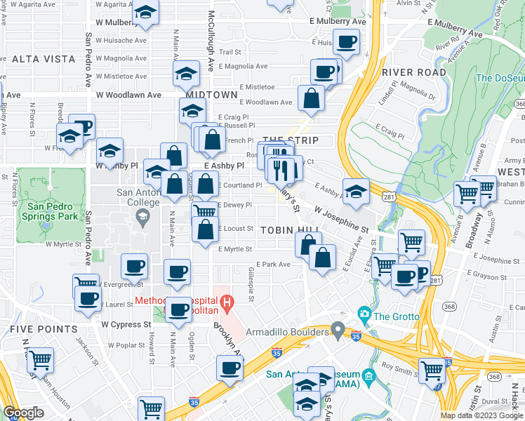 map of restaurants, bars, coffee shops, grocery stores, and more near 508 East Dewey Place in San Antonio