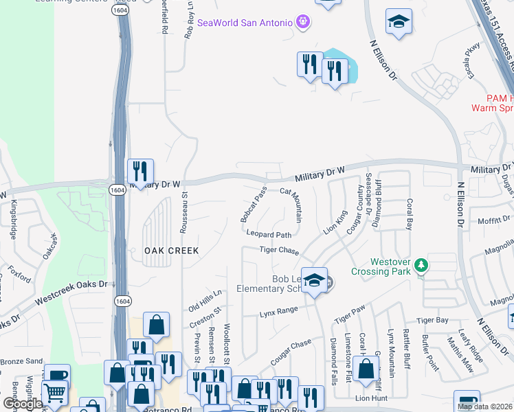 map of restaurants, bars, coffee shops, grocery stores, and more near 1246 Bobcat Pass in San Antonio