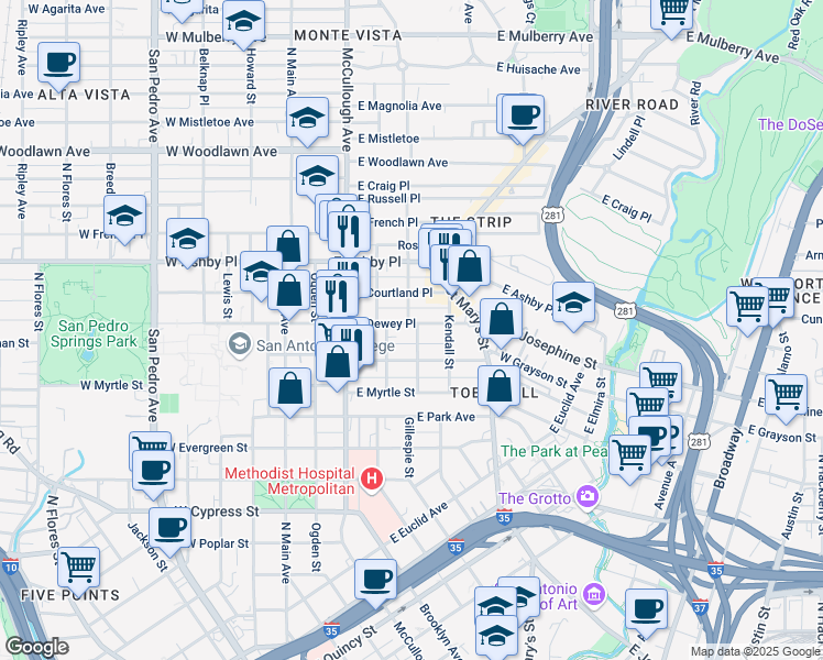 map of restaurants, bars, coffee shops, grocery stores, and more near 520 Paschal Street in San Antonio