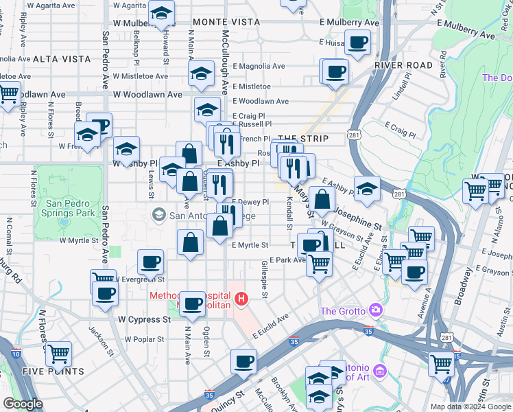 map of restaurants, bars, coffee shops, grocery stores, and more near 520 Paschal Street in San Antonio