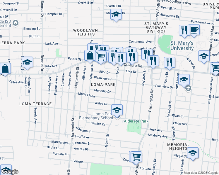 map of restaurants, bars, coffee shops, grocery stores, and more near 123 Manning in San Antonio