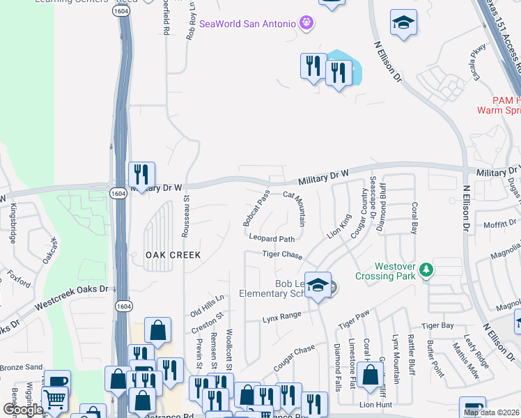 map of restaurants, bars, coffee shops, grocery stores, and more near 1246 Bobcat Pass in San Antonio