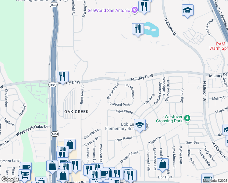 map of restaurants, bars, coffee shops, grocery stores, and more near 1246 Bobcat Pass in San Antonio