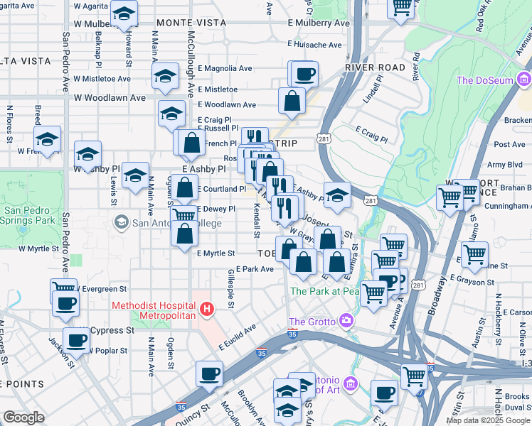 map of restaurants, bars, coffee shops, grocery stores, and more near 614 East Dewey Place in San Antonio