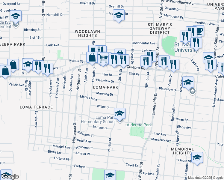 map of restaurants, bars, coffee shops, grocery stores, and more near 123 Manning in San Antonio
