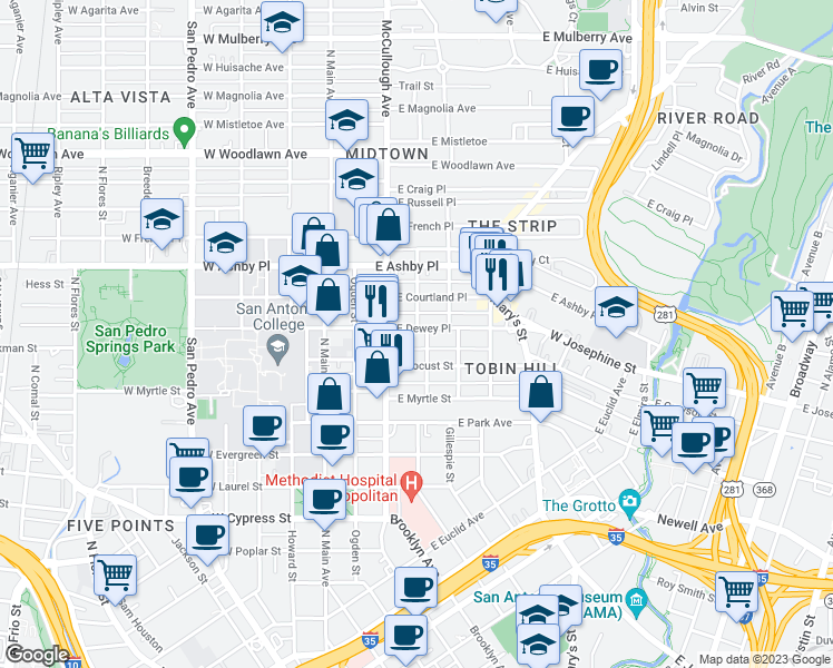 map of restaurants, bars, coffee shops, grocery stores, and more near 326 East Dewey Place in San Antonio