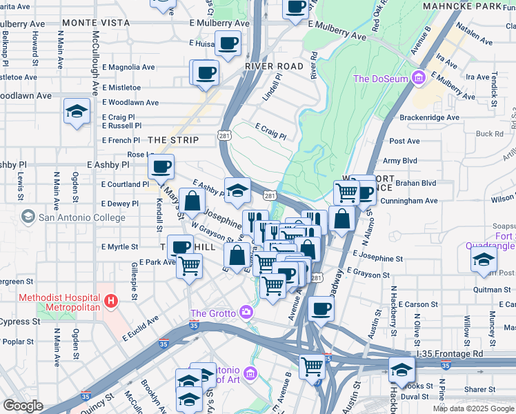 map of restaurants, bars, coffee shops, grocery stores, and more near 101 West Josephine Street in San Antonio