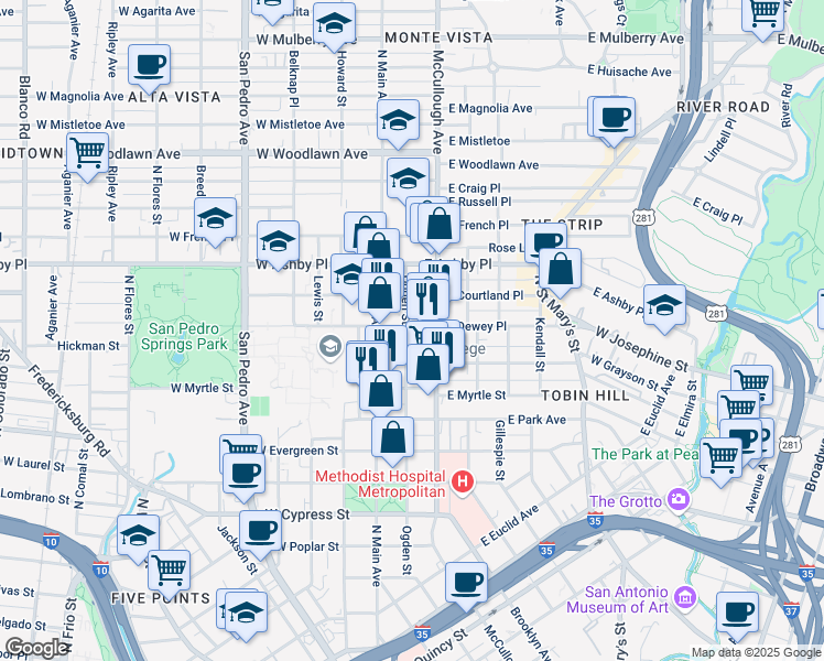 map of restaurants, bars, coffee shops, grocery stores, and more near 816 Ogden Street in San Antonio