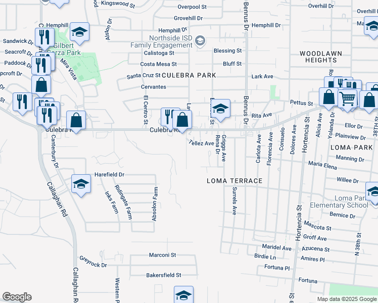 map of restaurants, bars, coffee shops, grocery stores, and more near 400 Laven Drive in San Antonio