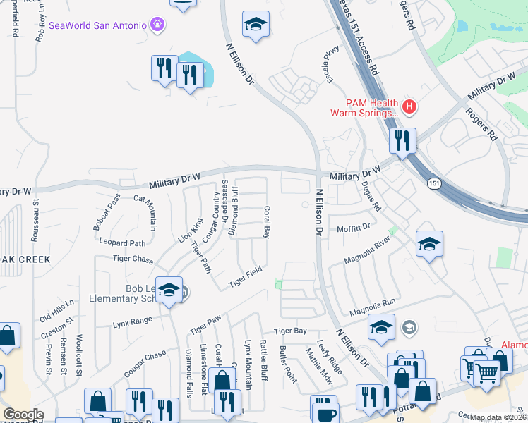 map of restaurants, bars, coffee shops, grocery stores, and more near 10319 Tiger Hunt in San Antonio